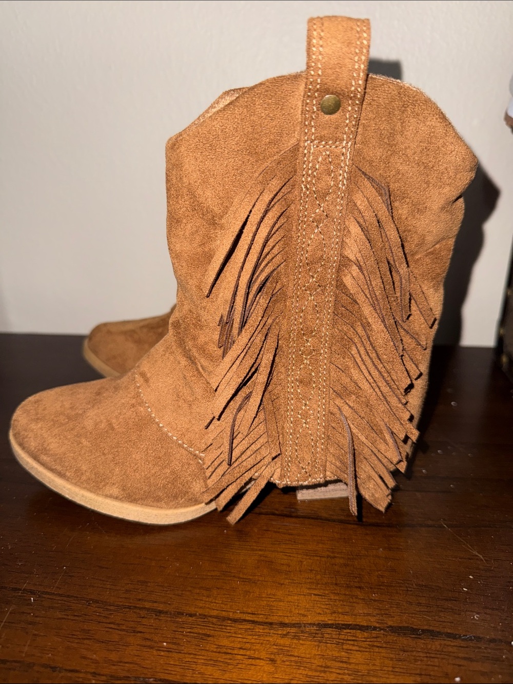Kids Fringe Suede Western Ankle Boots - Tan